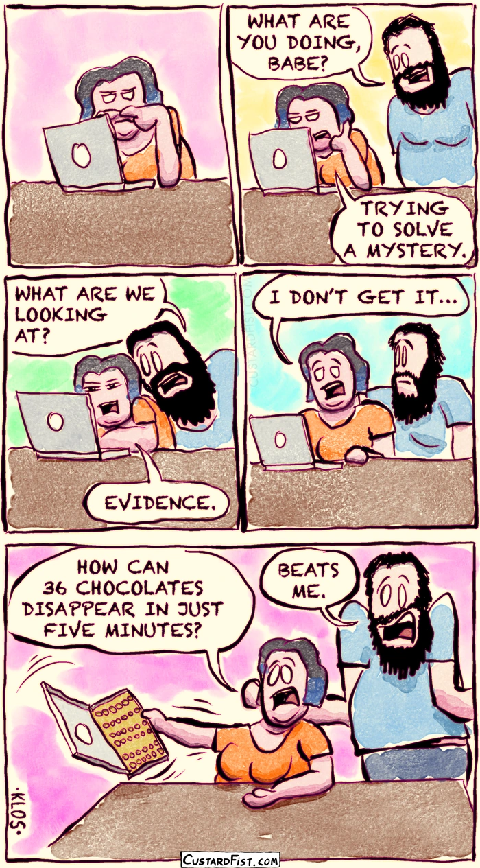 - - - This is a comic strip - - -
Paige is staring intently into her laptop. You can almost hear her brain grinding.
Scott, her boyfriend, enters the room.
Scott: WHAT ARE YOU DOING, BABE?
Paige: TRYING TO SOLVE A MYSTERY.
Scott leans in and looks at what she is looking at.
Scott: WHAT ARE WE LOOKING AT?
Paige: EVIDENCE.
Paige: I DON’T GET IT…
Paige lifts the empty box (which looked like a laptop a second ago, sorry for the deception) up in the air.
Paige: HOW CAN 36 CHOCOLATES DISAPPEAR IN JUST FIVE MINUTES?
Scott shrugs overly innocently.
Scott: BEATS ME!