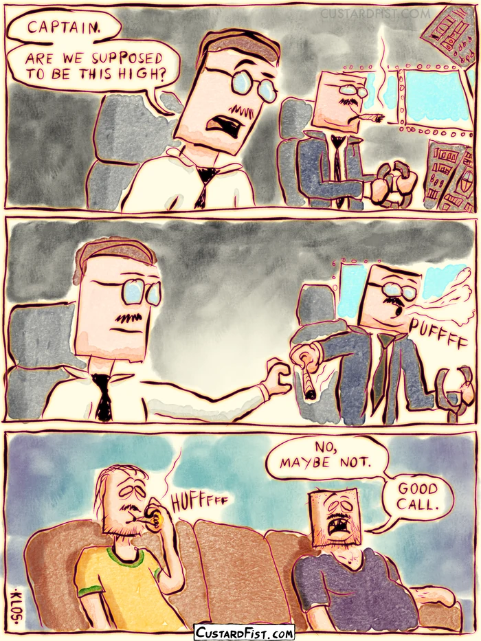 - - - This is a comic strip - - -
Two airline pilots are sitting in the cockpit of a plane in flight. The copilot is getting worried.
Copilot: CAPTAIN, ARE WE SUPPOSED TO BE THIS HIGH?

The pilot blows out a puff of smoke and hands the copilot a joint.

Then it turns out they are not actually in a cockpit. They’re just two stoners on a couch, being high as a kite.
Pilot: NO, MAYBE NOT. GOOD CALL.
