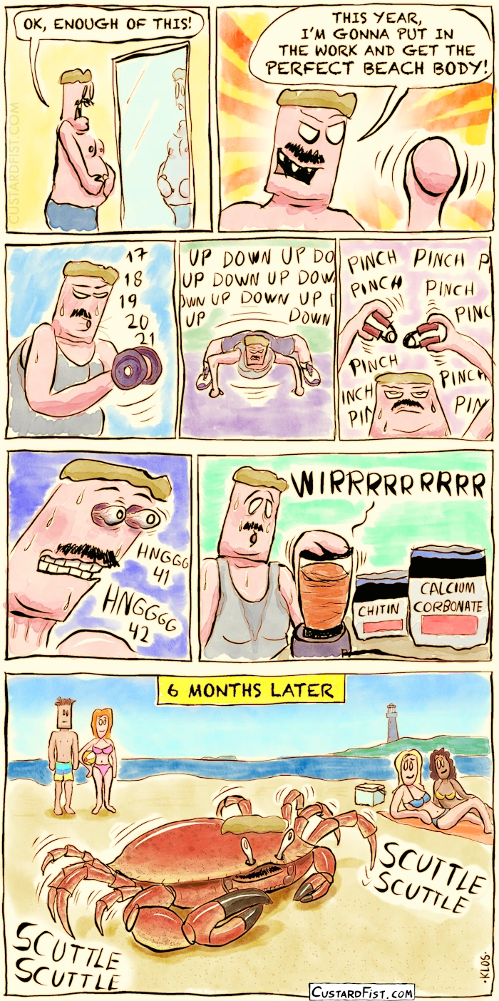 - - - This is a comic strip - - -
A chubby guy stands in front of the mirror and looks at himself.
Guy: OK, ENOUGH OF THIS!

The guy raises his fist.
Guy: THIS YEAR, I’M GONNA PUT IN THE WORK AND GET THE PERFECT BEACH BODY!

We enter a training montage:
Trains his biceps
Does wide armed, wide legged pushups 
Trains his pinch strength
Pushes his eyeballs outward
Prepares a chitin and calcium carbonate shake

6 months later we see him walking on the beach, looking like a crab. Girls are looking at him.
