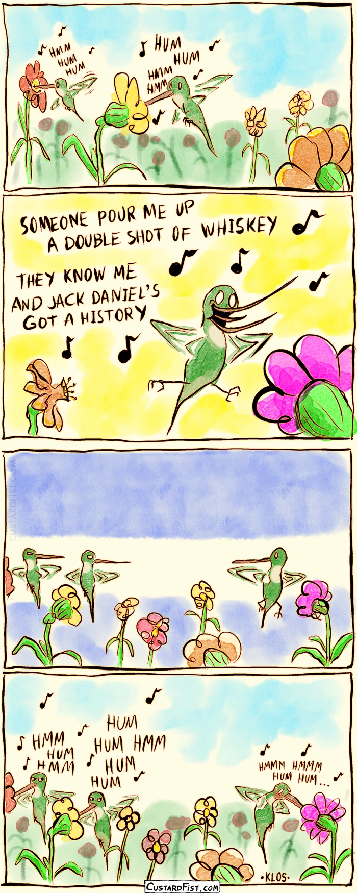 - - - This is a comic strip - - -
A group of hummingbirds are feeding on nectar. They are all humming melodies softly, except for one, who is singing out loud, with lyrics and with obnoxious enthusiasm. All the other hummingbirds look at him in disdain. Ashamed, the one bird switches back to humming.