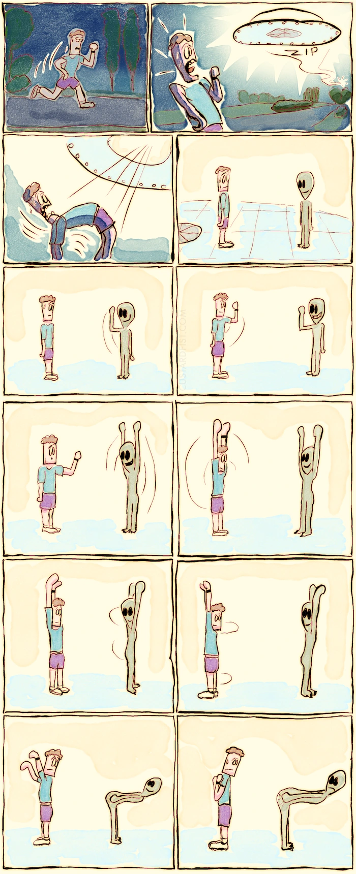 A man is jogging in a quiet area of a park at night.
An alien spacecraft appears and hovers above him
The spacecraft pulls him up into the ship with some sort of tractor beam.
The man is now standing opposite a humanoid alien entity.
The alien raises its hand in a kind of symbolic way.
The man also raises his hand, thinking it is a form of greeting.
The alien raises both its arms high above its head.
The man copies.
The alien turns its back towards him. Arms still raised.
The man copies.
The alien bends over and spreads its butt cheeks.
The man hesitates.