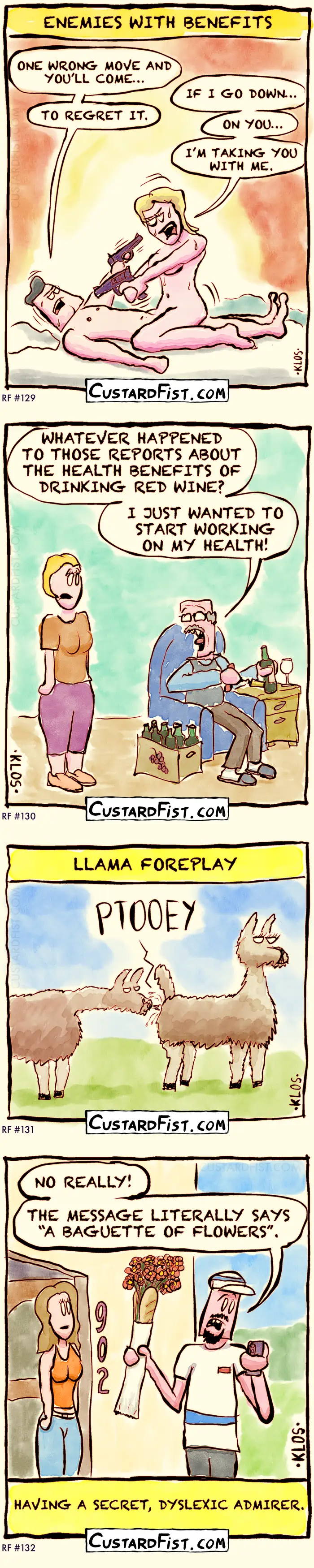 - - - This is a one panel comic - - -
A delivery guy brought a cut open baguette with a bunch of flowers in it. He reads on his phone and says to the lady at the door:  NO REALLY! THE MESSAGE LITERALLY SAYS “A BAGUETTE OF FLOWERS”.
The caption says: HAVING A SECRET,  DYSLEXIC ADMIRER.
